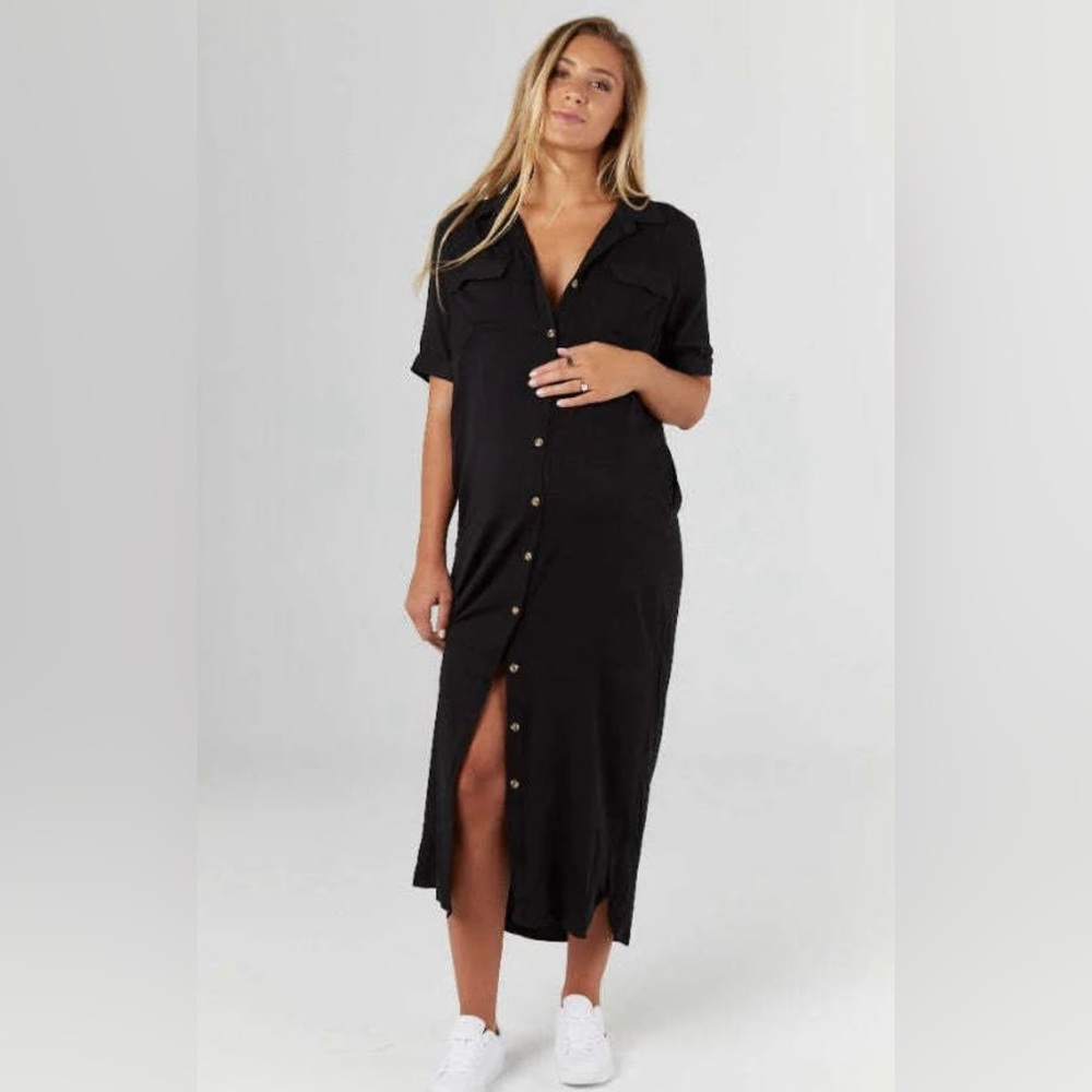 Black Button-Front Maxi Shirt Dress - Women